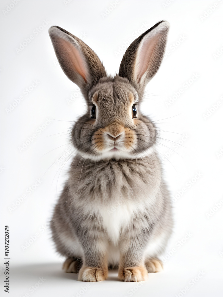 Obraz premium Funny bunny or baby rabbit fur gray with long ears is standing for Easter Day on isolated white background.
