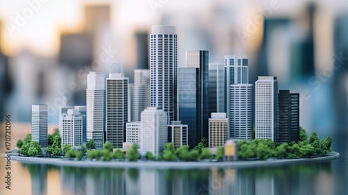 Miniature city model on a circular platform, reflecting in water