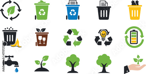 Collection of environmental icons symbolizing recycling, sustainability, and nature conservation.