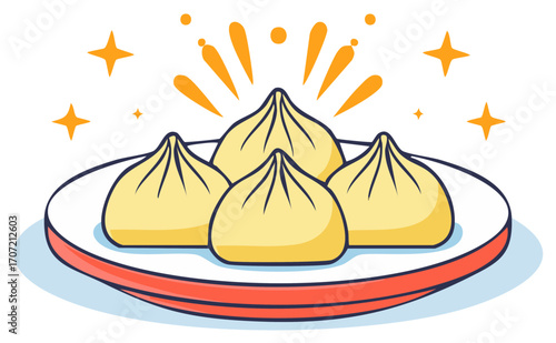 Plate with dumplings cartoon illustration.