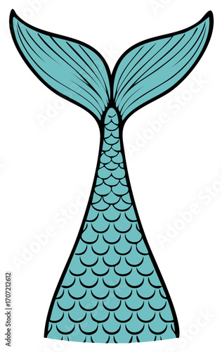 Cartoon illustration of a mythical mermaid tail with aqua scales and fin