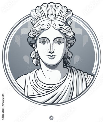 Roman goddess statue drawing illustration, circle frame design, classic concept, vector graphic