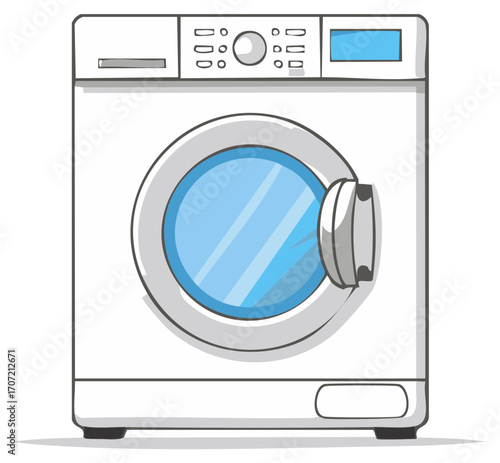 White front load washing machine illustration with blue door and controls for laundry chores
