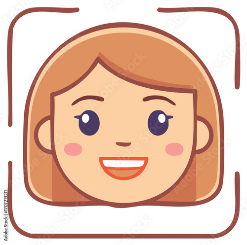Happy smiling cartoon woman face with facial recognition scan technology illustration