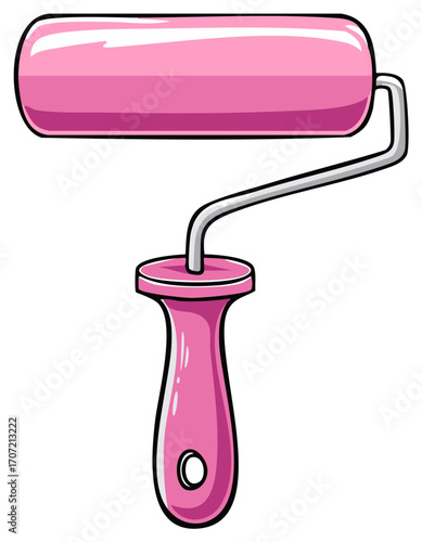 Pink paint roller cartoon illustration, DIY and home improvement concept