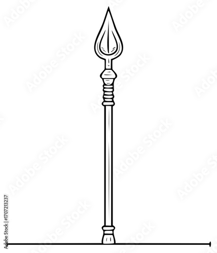 Detailed Black and White Line Art Drawing of an Ancient Tribal Spear Weapon