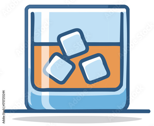 Stylized Amber Beverage with Ice Cubes in a Square Glass