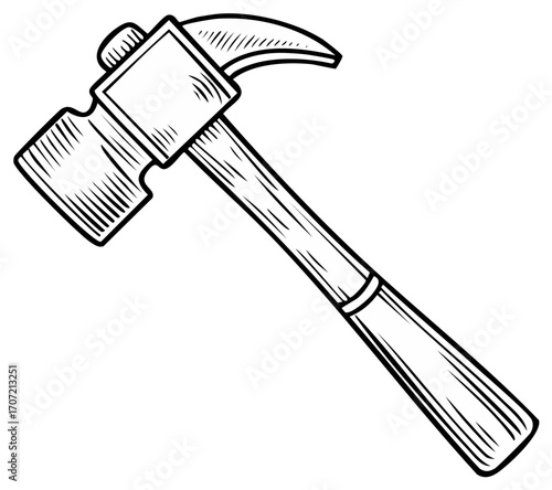 Illustration of a claw hammer with a wooden handle in a vintage engraved style