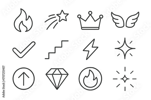 Vector icons shooting arrow motivational gem flat ring icon flame wings checkmark