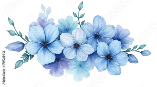 Wallpaper Mural Blue Floral Arrangement with Watercolor Style Bright Flowers and Green Leaves for Decorative or Botanical Design on Transparent Background Torontodigital.ca