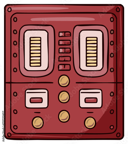 Retro red machine panel with dials and gauges, cartoon illustration.