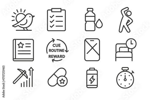 Habit target motivational motivation energy journal morning vector icon icons stretch bird