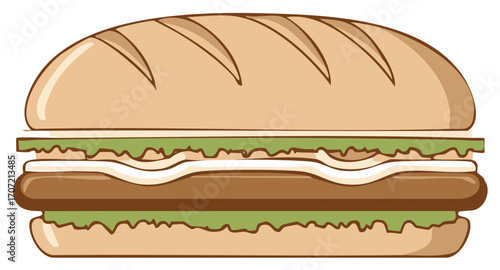 Illustrated sandwich with layers of lettuce, meat, cheese and bread.