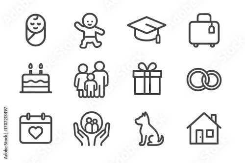 Vector milestone icons housewarming icon cake pet symbol new suitcase newborn family
