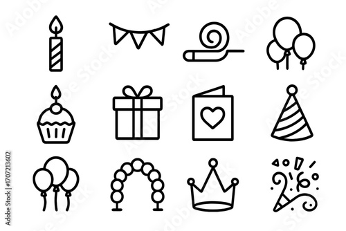 Crown birthday blower hat icon arch strings vector grid candle slice