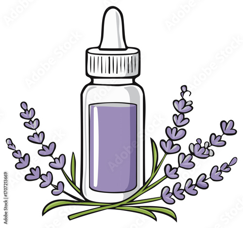 Lavender essential oil bottle with aromatic plant sprigs illustration