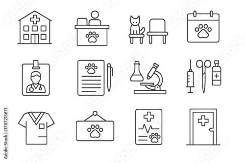 Calendar badge registration pet icon vet line uniform clinic building vector