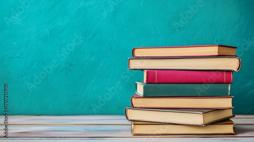 Stack of colorful books on a wooden surface against a teal background