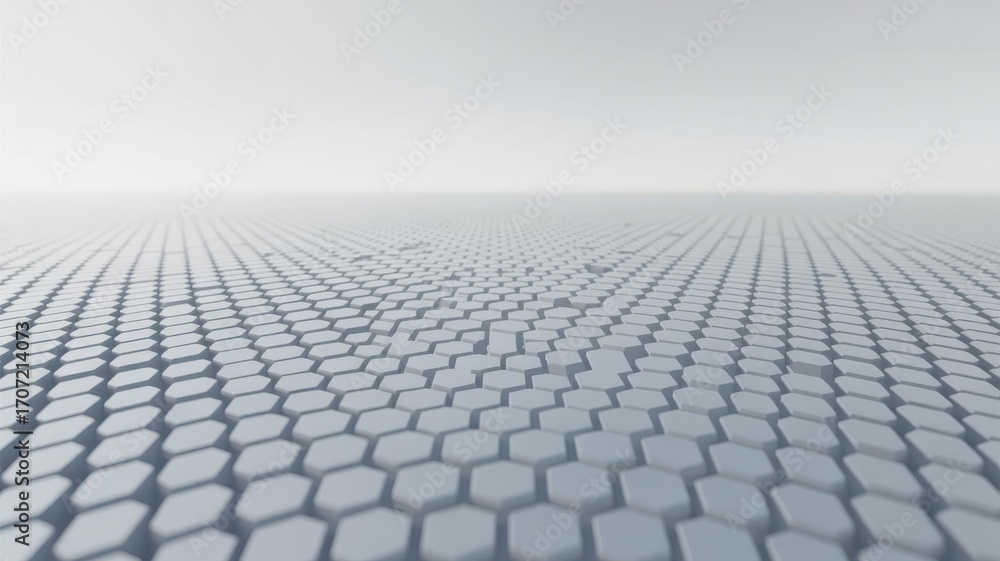 Fototapeta premium Abstract light blue hexagonal grid receding into a hazy horizon background texture