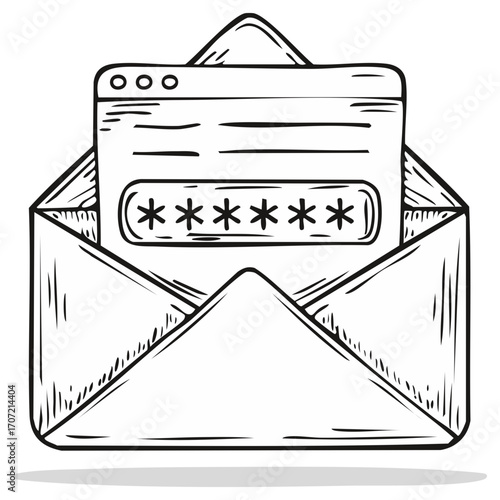 Email with obscured password shown on a computer screen, black and white illustration
