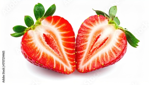Wallpaper Mural Two strawberry halves, showcasing vibrant red skin, seeds, and white flesh, are presented on a clean, white background Torontodigital.ca