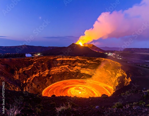 Volcanic crater at night with swirling lava