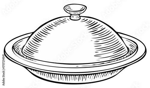 Vintage Food Serving Cloche Dome Lid Dish Engraving Style Hand Drawn Illustration Art