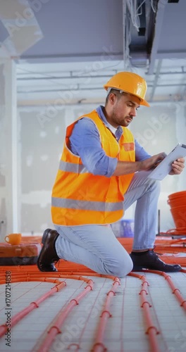 Vertical shot of a construction inspector checking a building site using a digital tablet to control the quality of an underfloor heating installation indoors.