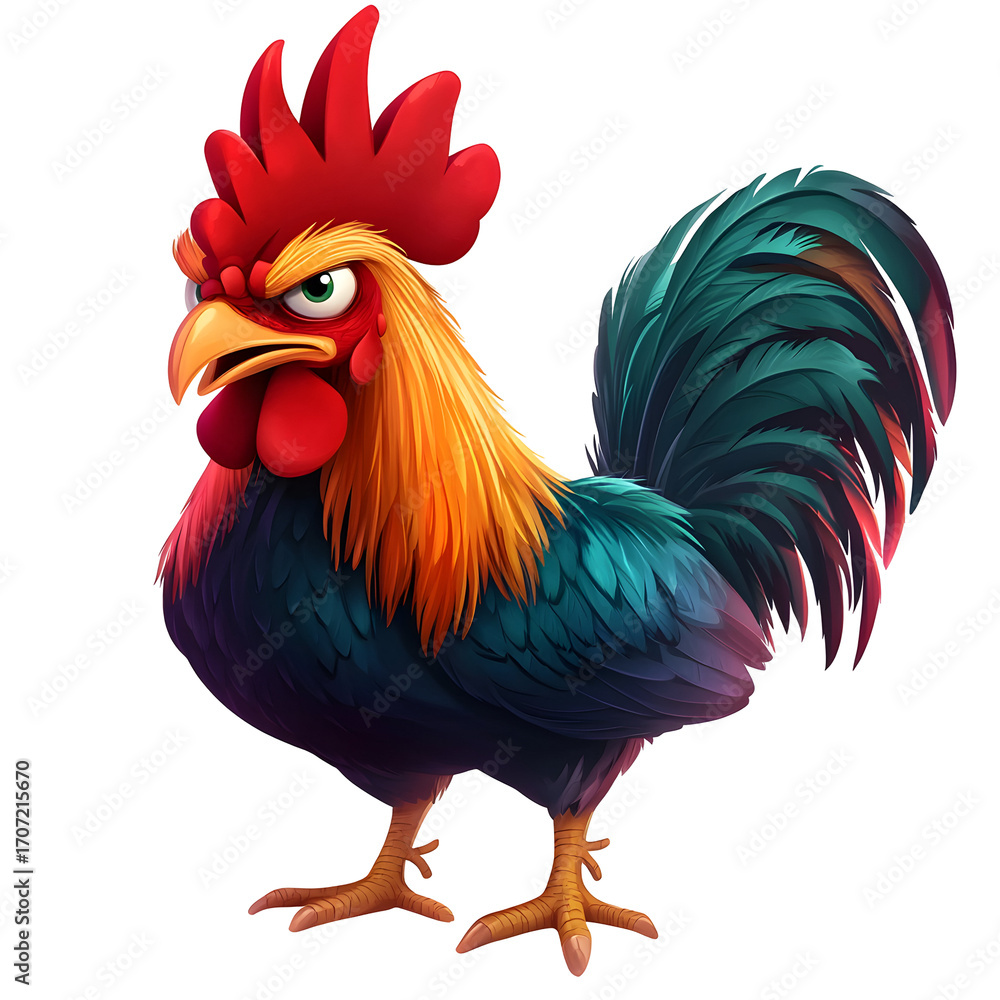 Fototapeta premium Angry Rooster Illustration with Vibrant Teal and Red Feathers on Transparent Background
