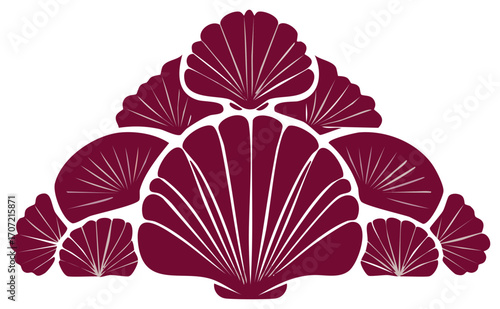 Arrangement of Fan-shaped Shells in a Stylized Floral Composition with Linear Accents in Maroon