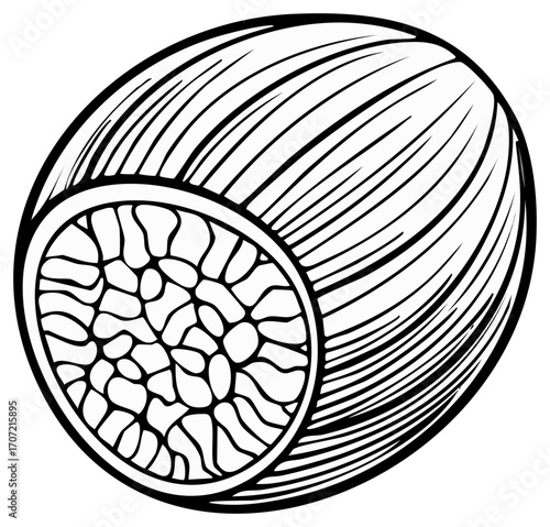 Passion fruit half cross section drawing of fruit with seeds in monochrome outline style