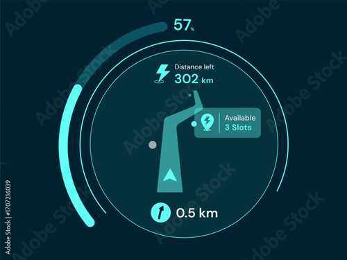 Electric Vehicle Dashboard User Interface with EV Charging Map navigation search real-time availability EV charging station points futuristic technology vector design concept for application, ui, web.