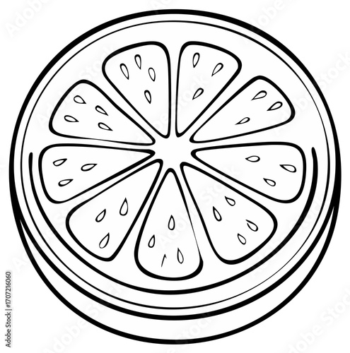 Lemon Slice Illustration with Seeds and Pulp Segments in Black and White