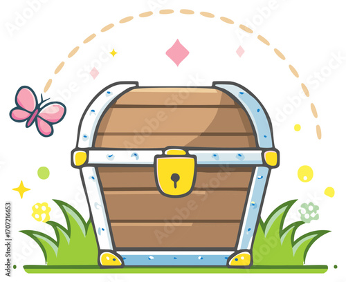 Cartoon Treasure Chest on Grass with Butterfly and Sparkles Illustration