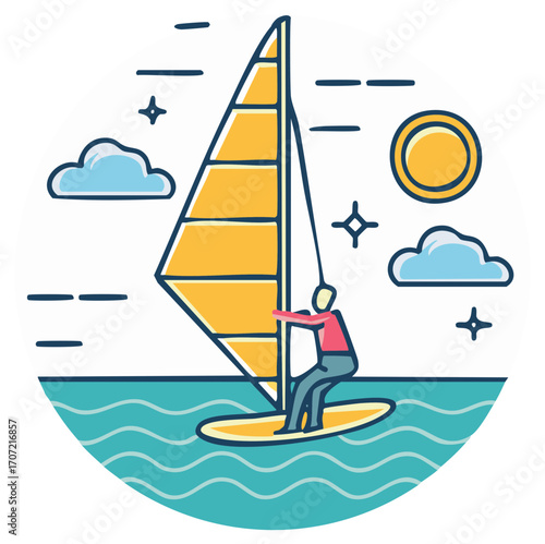 Windsurfer riding waves on a sunny day vector icon illustration