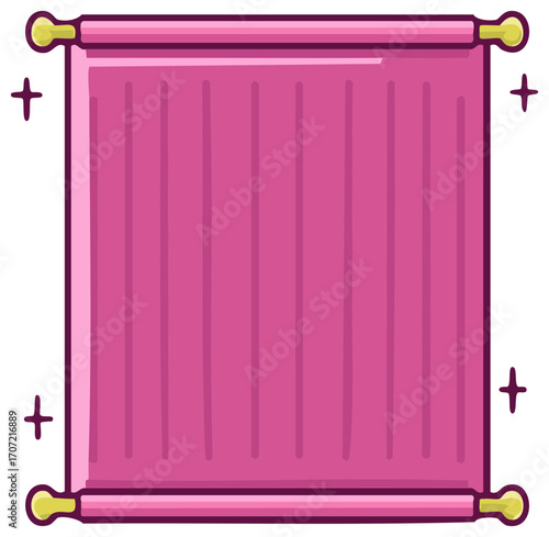 Enchanted pink flying carpet design with golden rolled ends and magical sparkles
