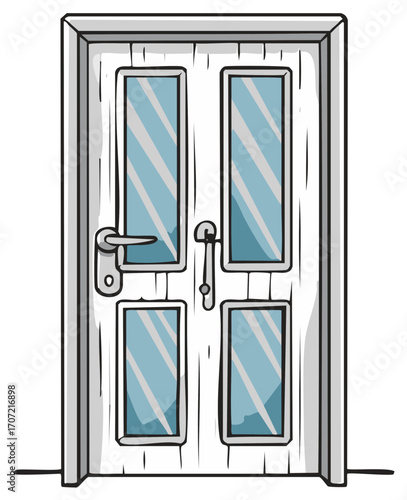 Cartoon white wooden door with glass panels and metal handles providing access to interior space