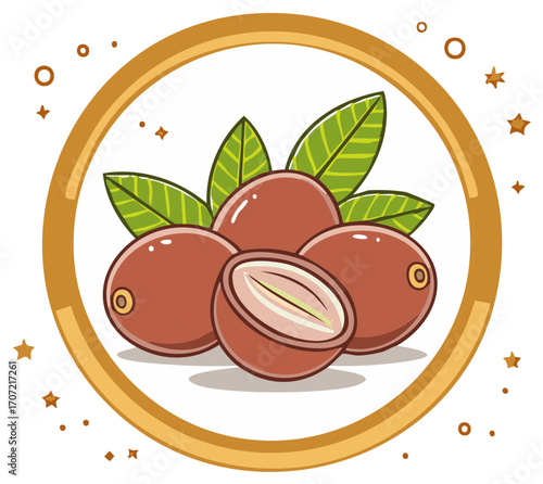 Illustration of coffee beans with leaves in a decorative circle