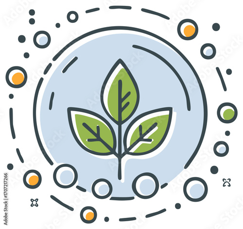 Stylized green plant stem with three leaves inside a soft blue circle with outer decorations