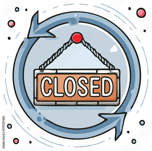 Circular Arrows Surround Closed Door Sign Illustrating Business Interruption or Temporary Closure
