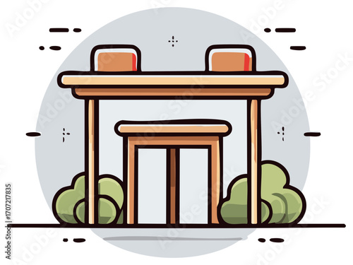 Entrance of a Building or Home with Double Doors and Shrubbery Cartoon Style