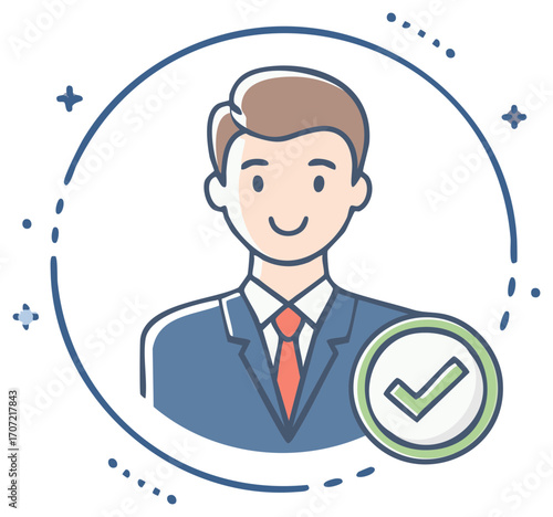 Smiling businessman with checkmark icon in a stylized circle