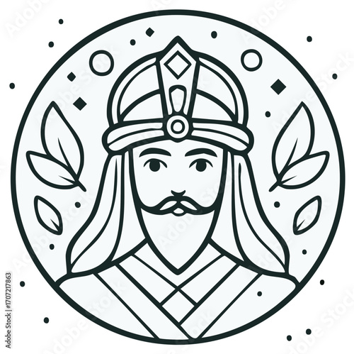 Line art illustration of a king with a crown and beard within a circle.