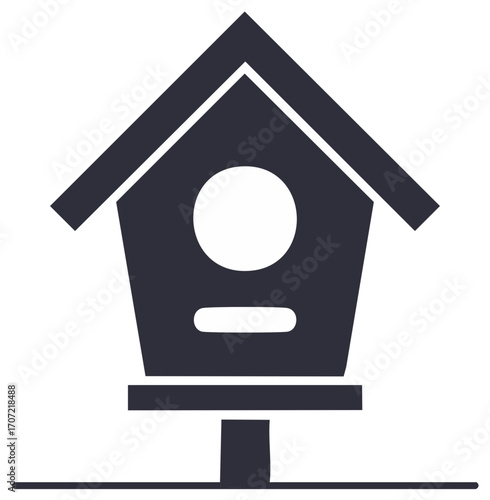 Dark silhouette birdhouse icon with a circle entrance, minimalistic design with a roof and perch, for garden birds