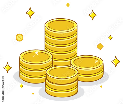 Illustration of stacked gold coins with sparkling starbursts and dollar sign.