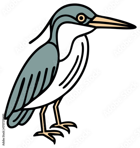 Stylized illustration of a striking grey heron bird with a long beak and pointed feathers