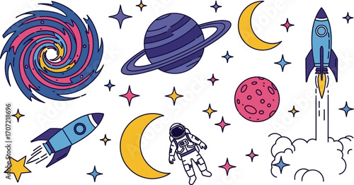 Whimsical space adventure with planets, rockets, and an astronaut floating among stars.
