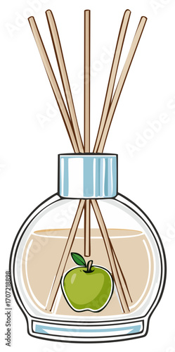 Green Apple Scented Reed Diffuser Cartoon Illustration for Aromatherapy and Home Fragrance