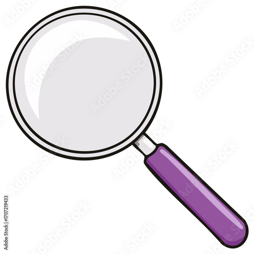 Magnifying glass with purple handle and black frame. Flat vector illustration