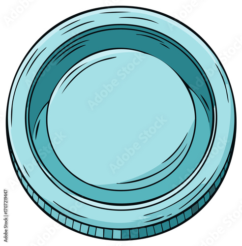 Stylized teal blue circular object with blank center and detailed rim